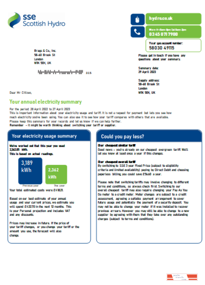 SSE Energy utility business bill,  SCR PSD template
